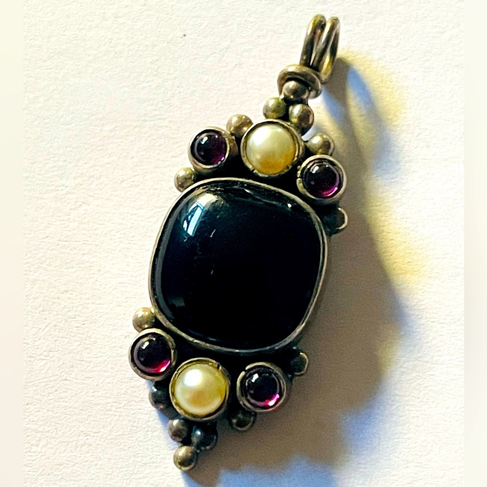 Solids Silver Pendant Necklace with Black Onyx, Pearl and Garnet Accents